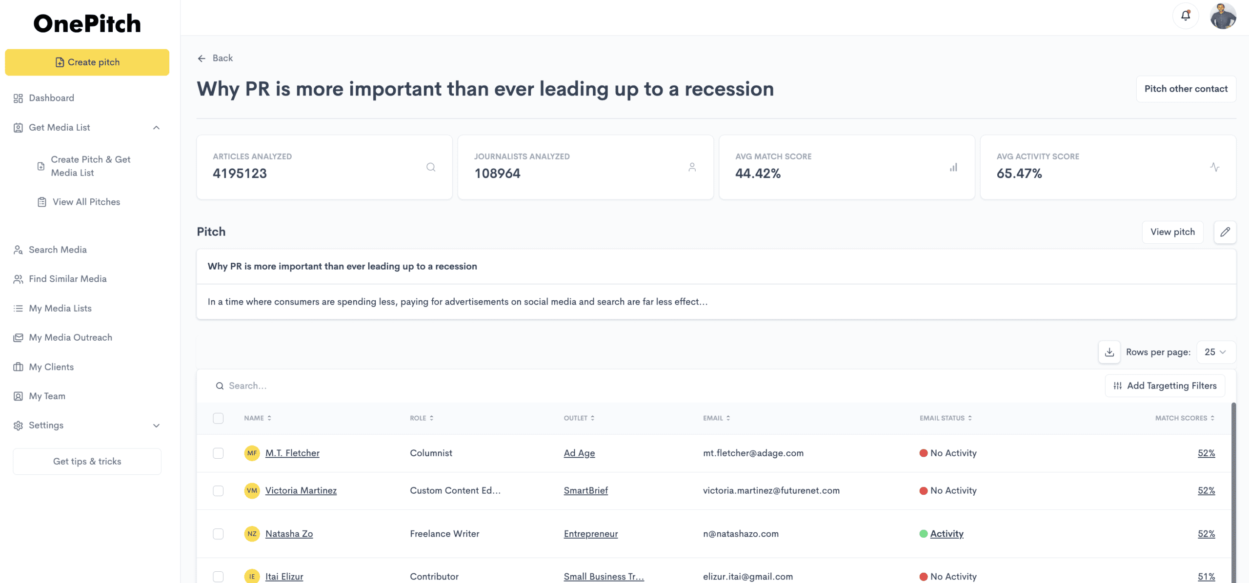 Get a custom media list on OnePitch