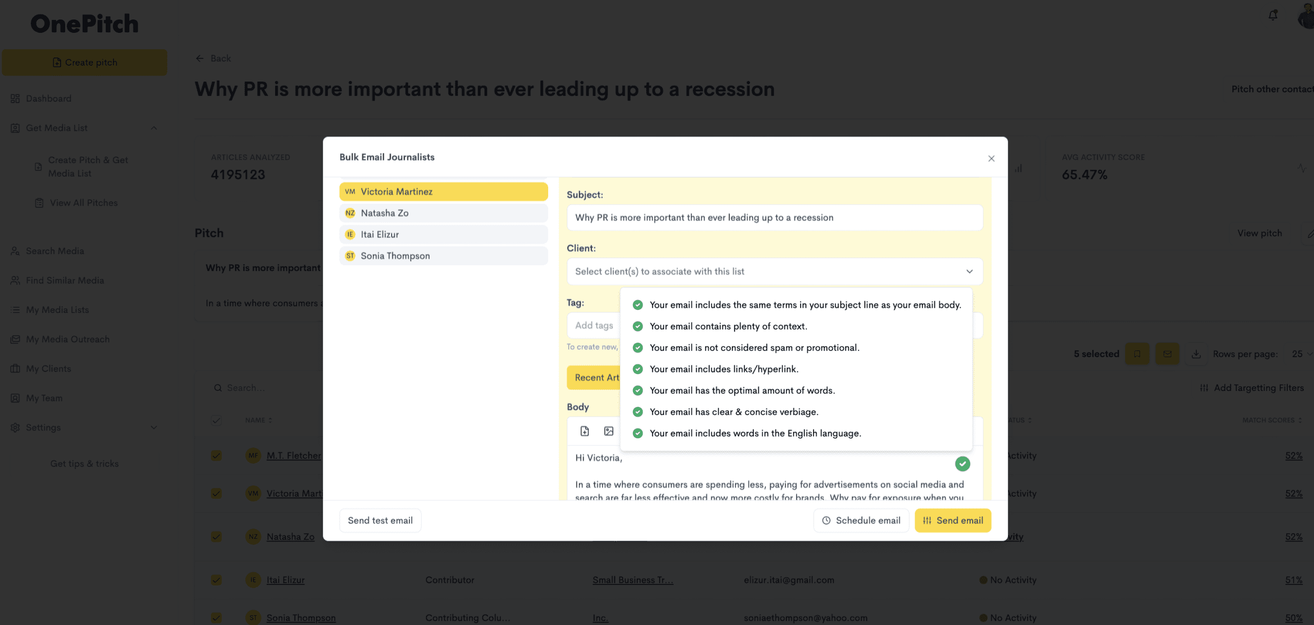 Email journalists directly through OnePitch