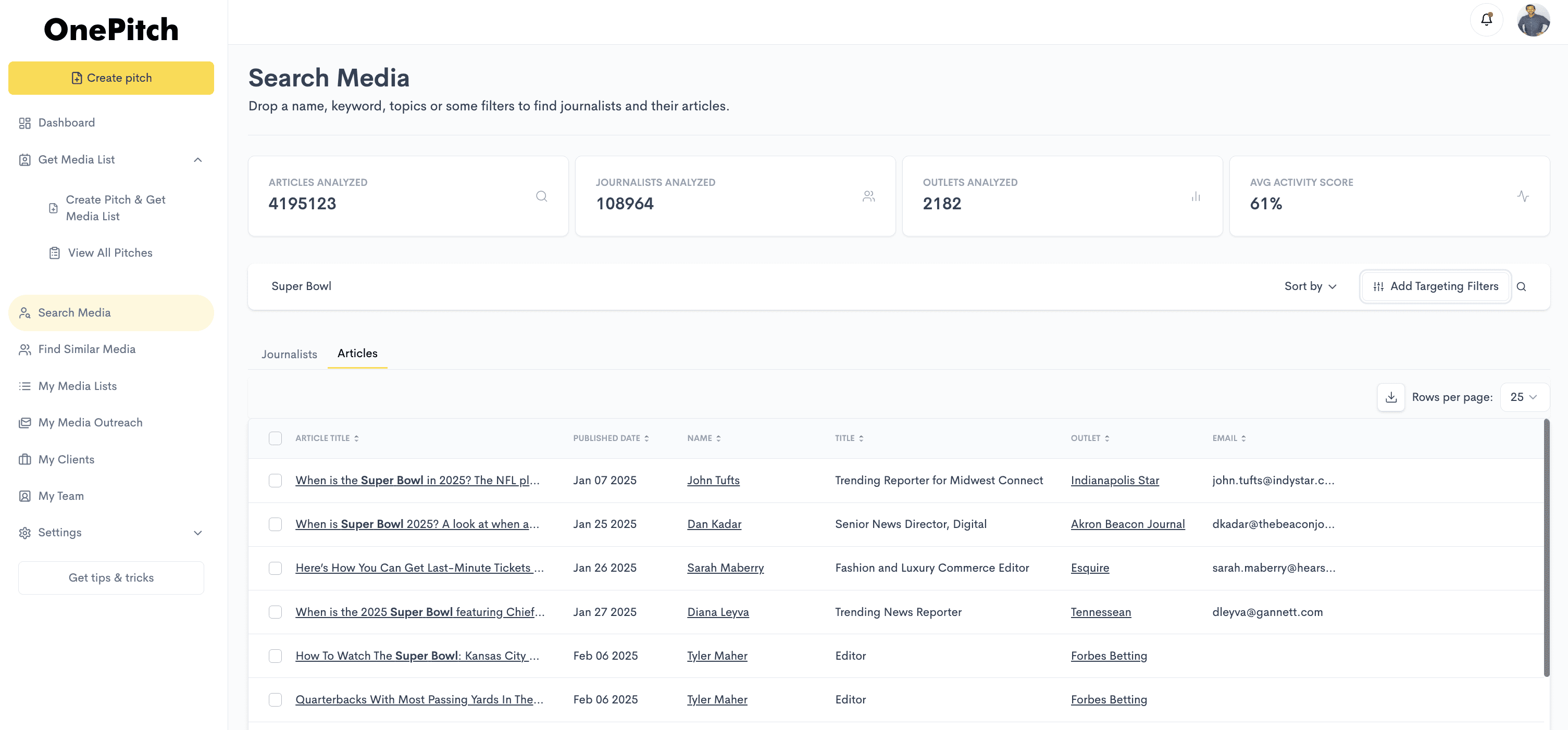 Search and find new journalists on OnePitch