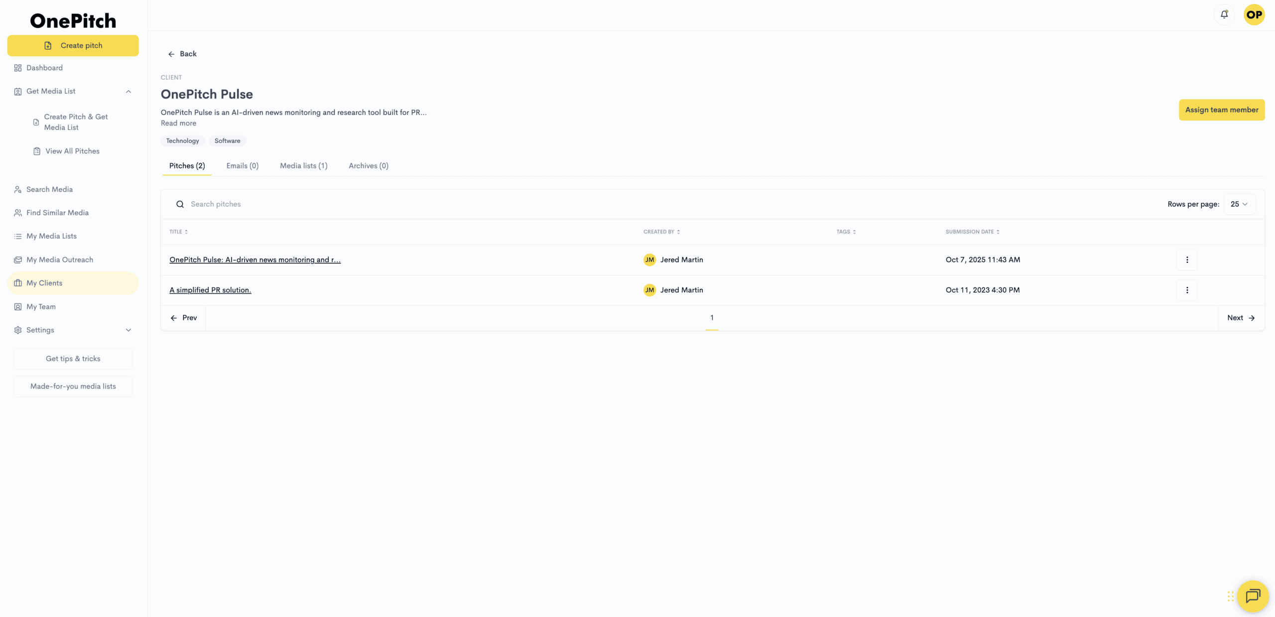 OnePitch client management